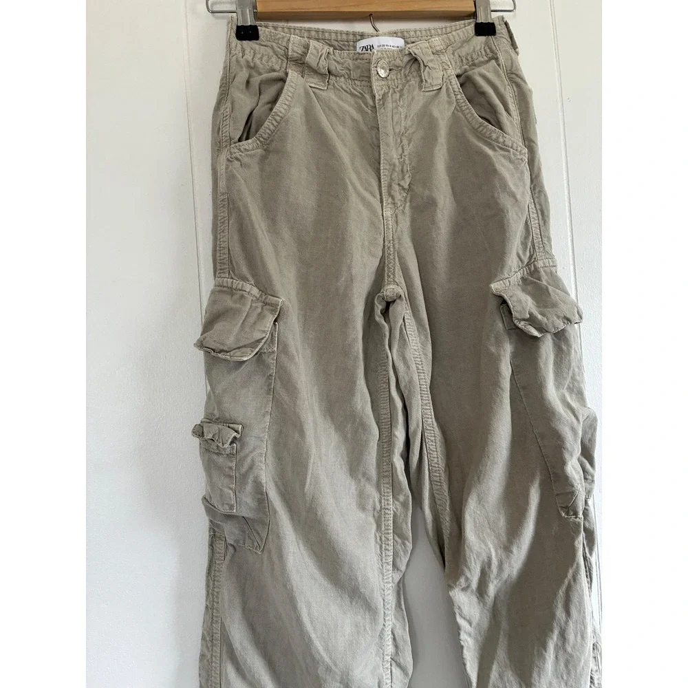 Zara Women Tan Khaki Lyocell Linen Blend Utility Cargo‎ Pants Size 0 EUR 32